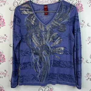 Olsen Europe long sleeve shiny silver blue purple Top with Abstract Design